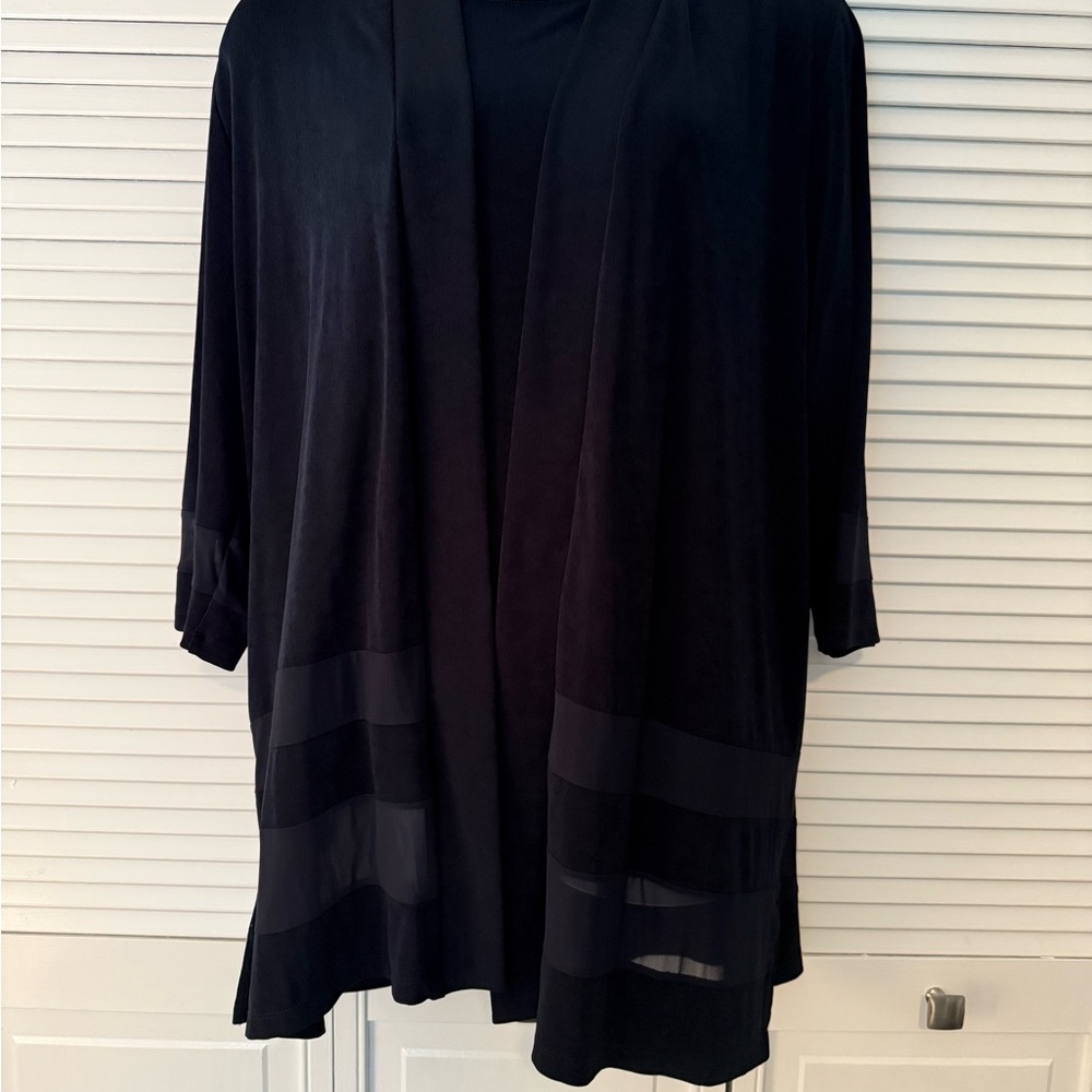 Chico's Deep Navy Travelers Cardigan set with sheer shadow Stripes at hem.